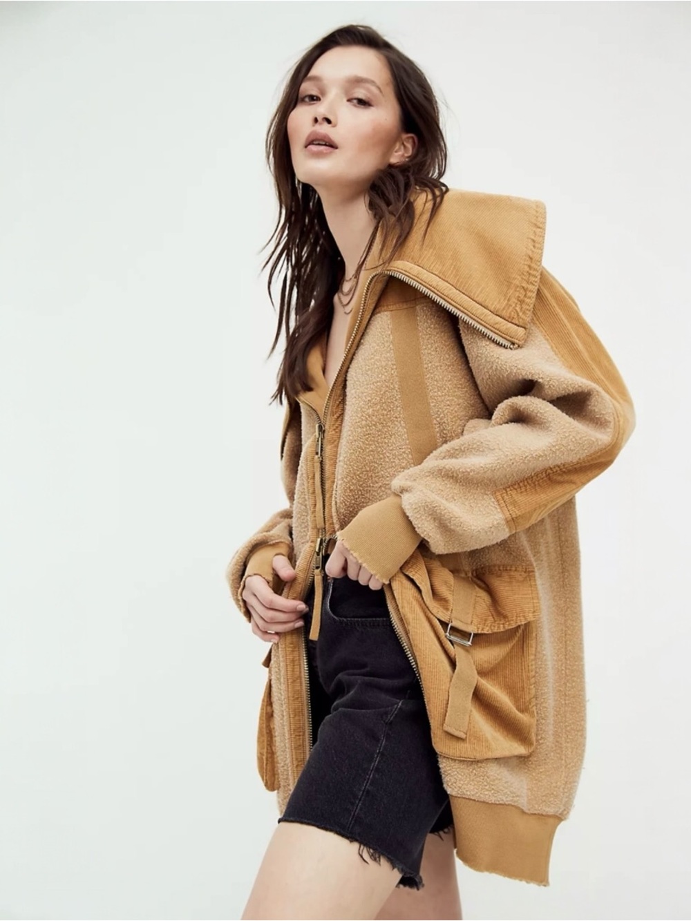 Free People Plush Teddy Jacket in Camel Tan